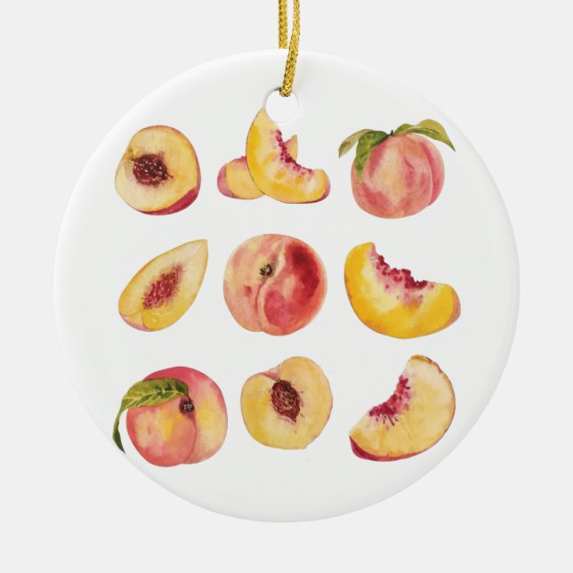 Aquarell und farbenfrohe frische Pfirsichscheiben, Keramik Ornament (Vorne)