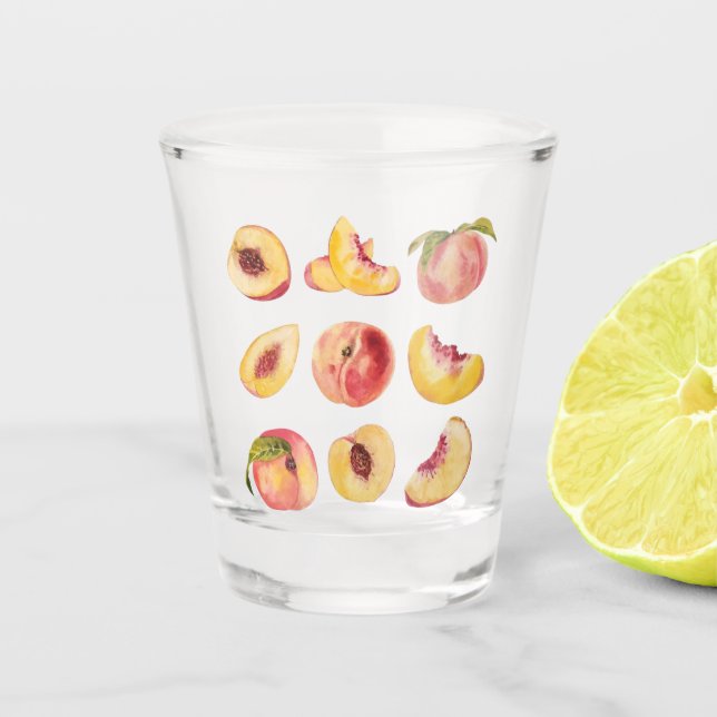 Aquarell und farbenfrohe frische Pfirsichscheiben, Schnapsglas (Vorderseite)