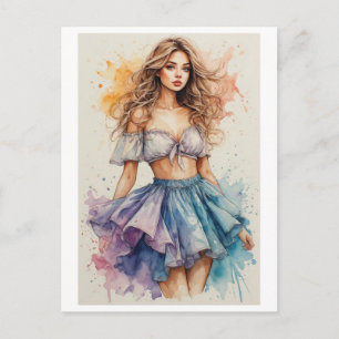Aquarell- und farbenfrohe junge Dame Design auf ei Feiertagspostkarte