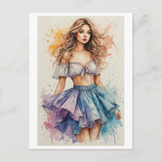 Aquarell- und farbenfrohe junge Dame Design auf ei Feiertagspostkarte