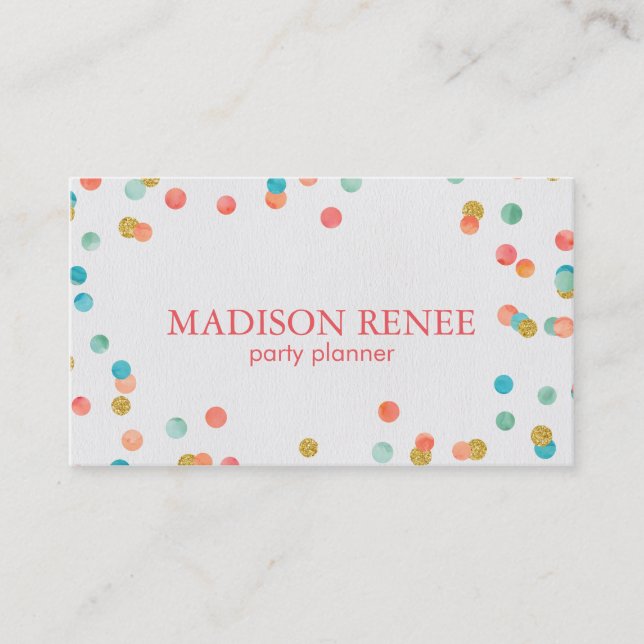 Aquarell und Gold Confetti Party Planer Visitenkarte (Vorderseite)