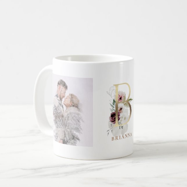 Aquarell und Gold | Zwei Foto Letter B Monogramm Kaffeetasse (Vorderseite Links)
