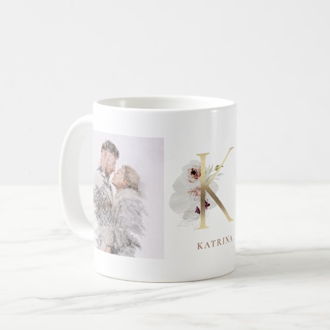 Aquarell und Gold | Zwei Foto Letter K Monogram Kaffeetasse (Vorderseite Links)