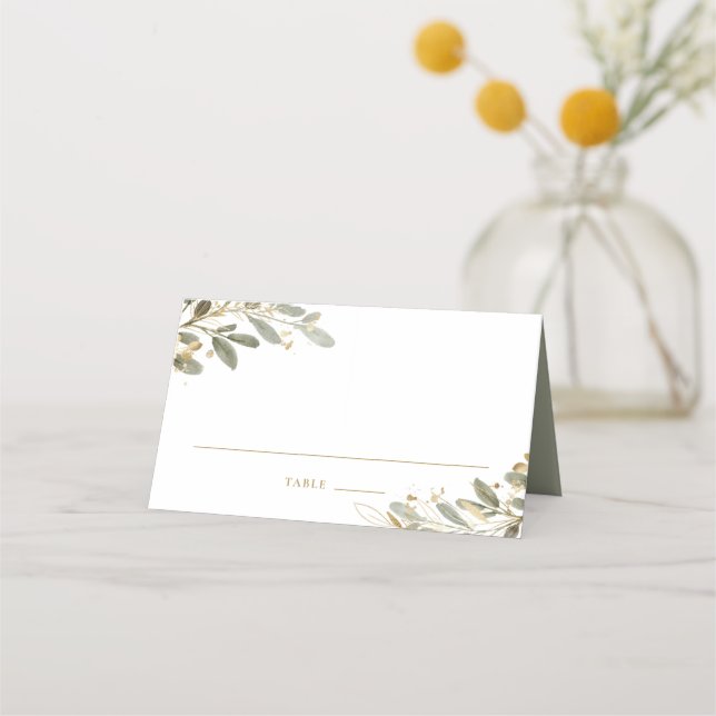 Aquarell und Imitate Goldene Foil Eukalyptus-Blätt Platzkarte (Vorderseite)