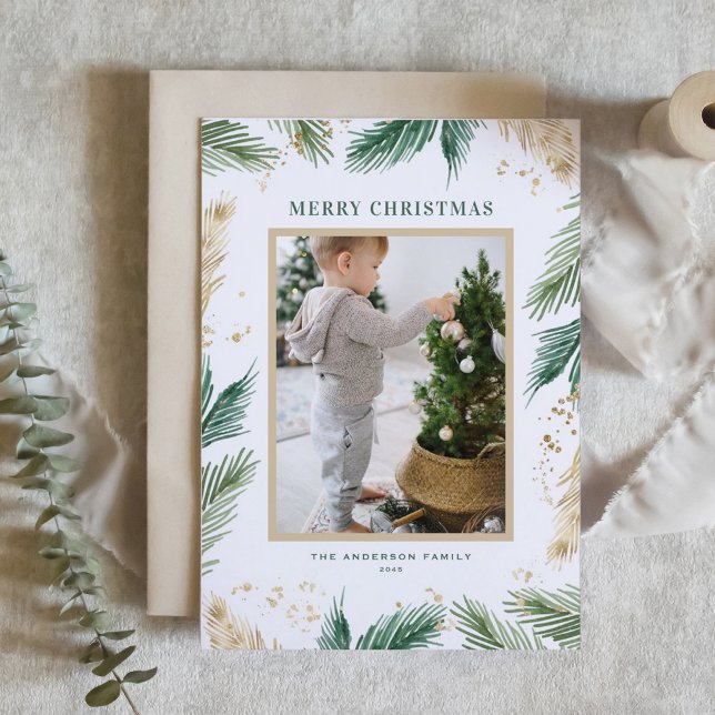 Aquarell und Pinsel Pinsel Foto Weihnachten (Watercolor and Faux Foil Pine Needles Photo Merry Christmas Card)