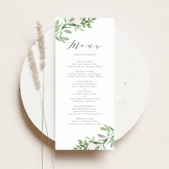 Aquarell und weiße Blume Hochzeit Menükarte (Customizable botanical menu card featuring greenery and white flowers)