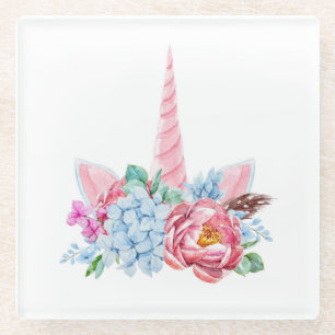 Aquarell Unicorn Blumenkronen Glasuntersetzer