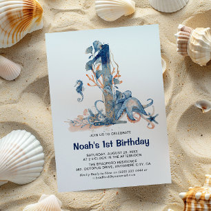 Aquarell Unterwasser-Jungen 1. Geburtstag Einladung