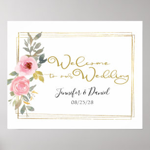 Aquarell Üppig Rosafarbene Blumige Hochzeit Poster