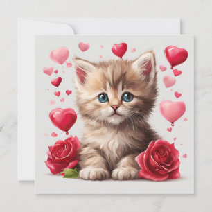 Aquarell-Valentinstag-Kätzchen mit Rosen  Feiertagskarte