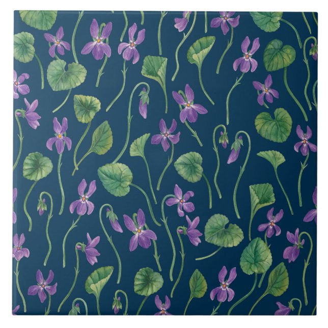 Aquarell-Veilchen auf Blau Fliese (Vorderseite)