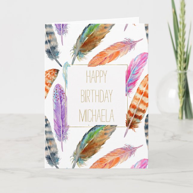 Aquarell versieht Geburtstag mit Federn Karte (Vorderseite)