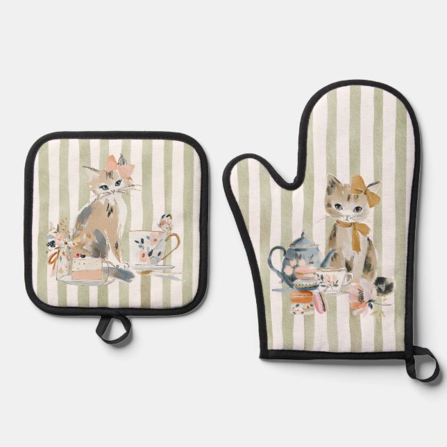 Aquarell-verspielte Katze Ofenhandschuh & Topflappen-Set (Vorderseite)