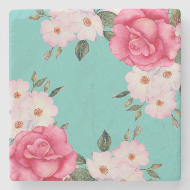 Aquarell Vibrannende Rosen Weiße Rosen Türkis Zurü Steinuntersetzer (Vorderseite)