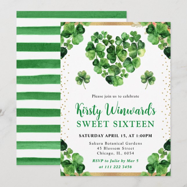 Aquarell Vier Leaf Clovers St Patrick's Sweet 16 Einladung (Vorne/Hinten)
