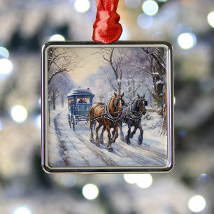 Aquarell-Viktorianischer-Christmas-Kutschfahrt Ornament Aus Metall
