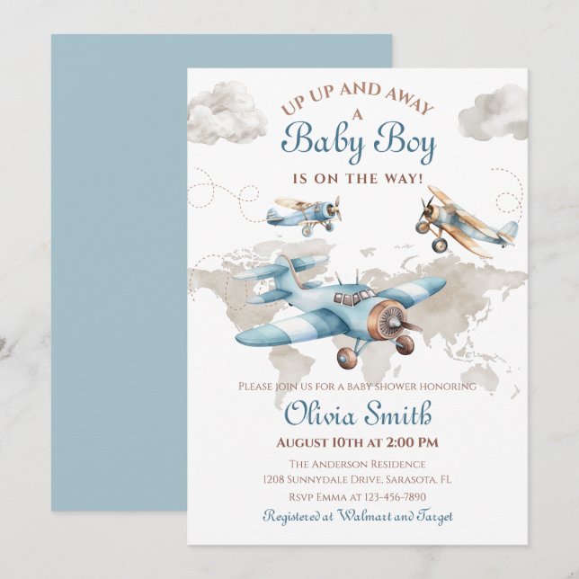 Aquarell Vintag Airplane Reiseboy Babydusche Einladung (Vorne/Hinten)