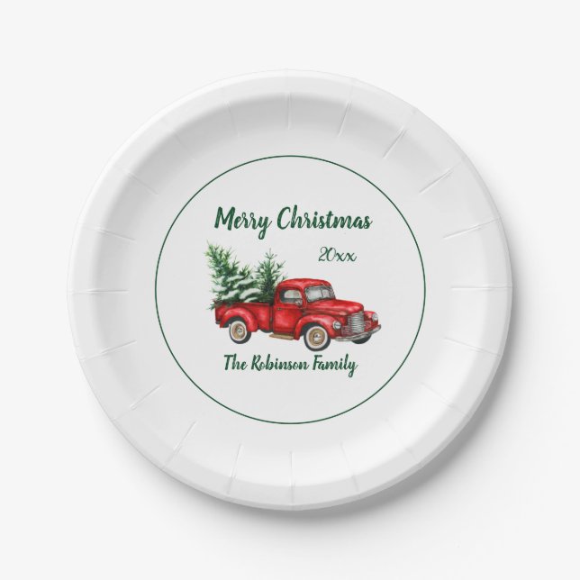 Aquarell Vintag Red Truck Weihnachts-Party Pappteller (Vorderseite)