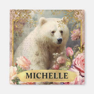 Aquarell Vintage Eisbär und rosa Rosen Magnet