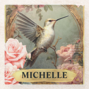 Aquarell-Vintage-Kolibri und rosa Rosen Glasuntersetzer