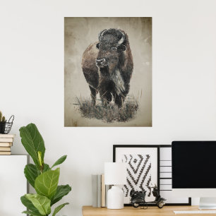 Aquarell-Vintage-Look Bison Büffel Tier Kunst Poster