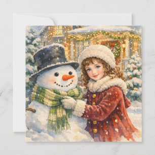 Aquarell-Vintage-Mädchen mit Weihnachts-Schneemann Feiertagskarte