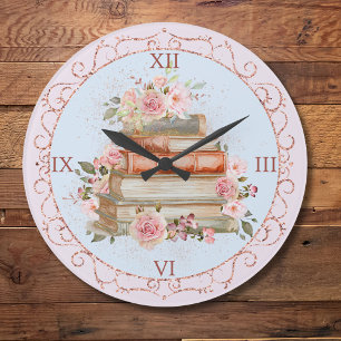 Aquarell Vintage Rosa Rosen und Buch Floral Große Wanduhr