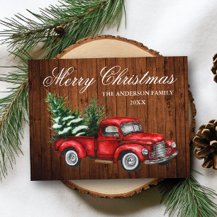Aquarell Vintage roter Lastwagen Holz Frohe Weihna Postkarte