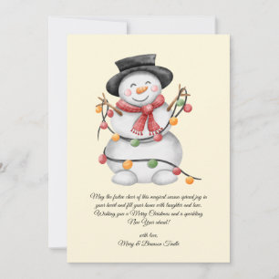 Aquarell Vintage Schneemann mit Lichtern Feiertagskarte