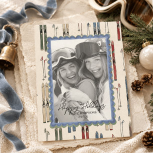 Aquarell Vintage-Ski-Familienfoto Weihnachten