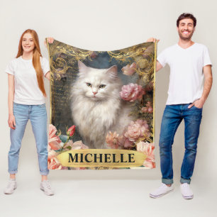 Aquarell Vintage Weiße Katze und rosa Rosen Fleecedecke