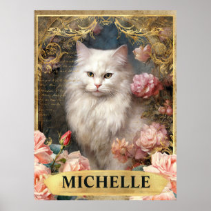 Aquarell Vintage Weiße Katze und rosa Rosen Poster