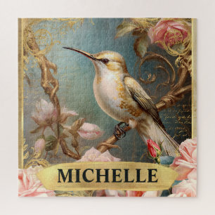 Aquarell Vintage Weiße Kolibri & Rosa Rosen