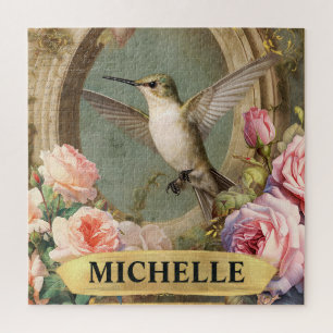 Aquarell Vintage Weiße Kolibris & Rosa Rosen