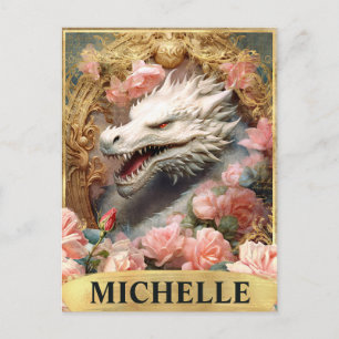 Aquarell Vintage Weißer Drache und rosa Rosen Postkarte