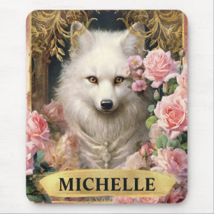 Aquarell Vintage Weißer Fuchs und rosa Rosen Mousepad