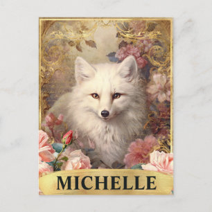 Aquarell Vintage Weißer Fuchs und rosa Rosen Postkarte
