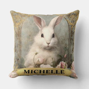 Aquarell-Vintage-Weißer Hase und rosa Rosen Kissen