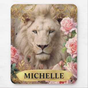 Aquarell Vintage Weißer Löwe und rosa Rosen Mousepad