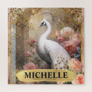 Aquarell Vintage Weißer Pfau und rosa Rosen