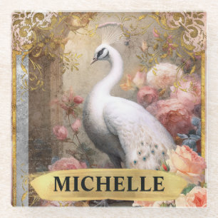 Aquarell-Vintage-Weißer Pfau und rosa Rosen Glasuntersetzer