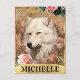 Aquarell Vintage Weißer Wolf und rosa Rosen Postkarte