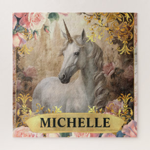 Aquarell-Vintage-Weißes Einhorn und rosa Rosen
