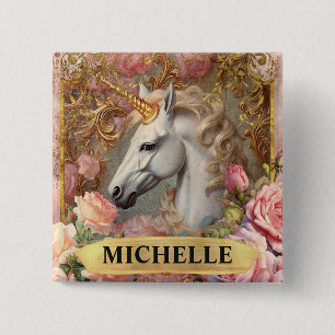 Aquarell-Vintage-Weißes Einhorn und rosa Rosen Button