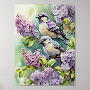 Aquarell-Vögel mit blühenden Fliederblumen Poster