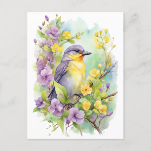Aquarell-Vogel mit violetten und gelben Blumen  Postkarte