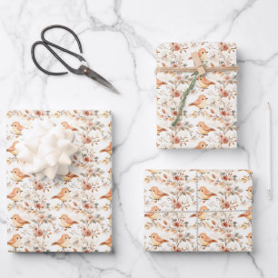 Aquarell-Vögel und Blumen auf Weiß Geschenkpapier Set