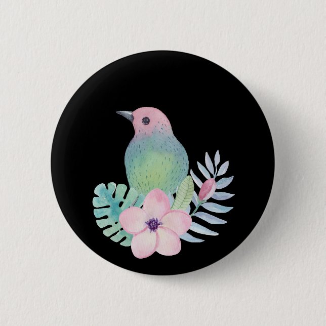 Aquarell Vogel und Blumen Button (Vorderseite)