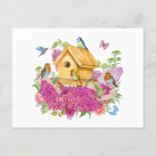 Aquarell-Vogelhaus, Vögel und Fliederblüten  Postkarte