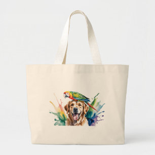 Aquarell von Ara und Golden Retriever Jumbo Stoffbeutel